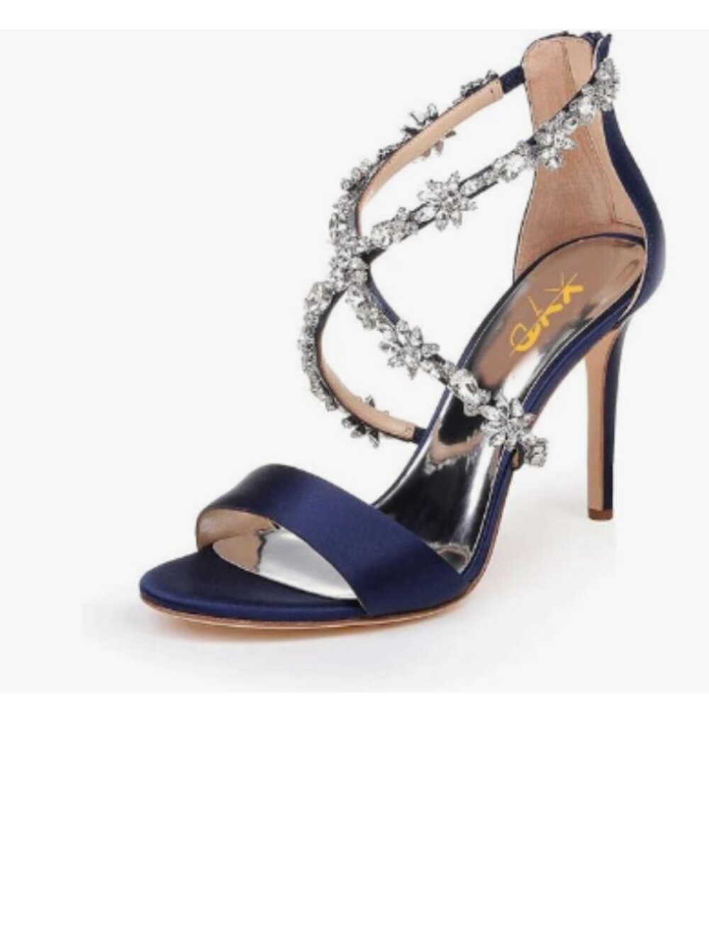XYD Navy Crystal Open Toe High Heels Flower Crossover Straps Back Zip Sandals